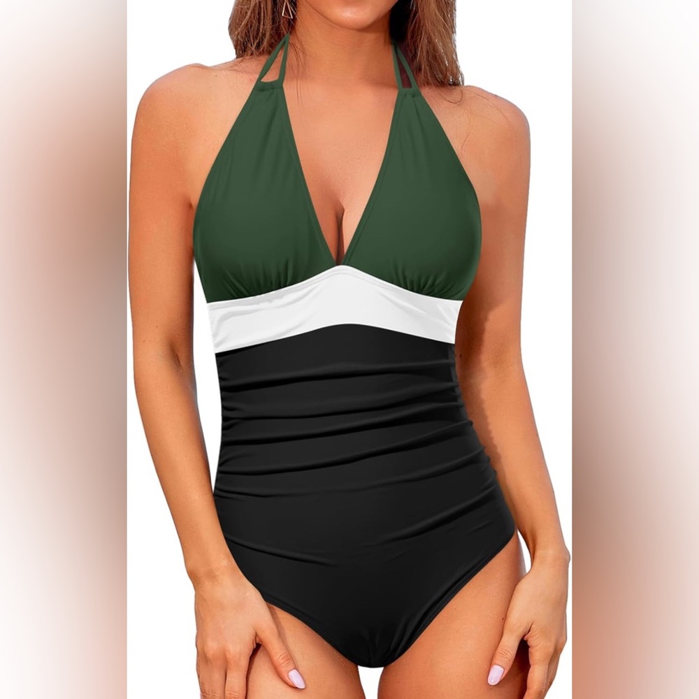 Women's Green and Black Halter Swimsuit